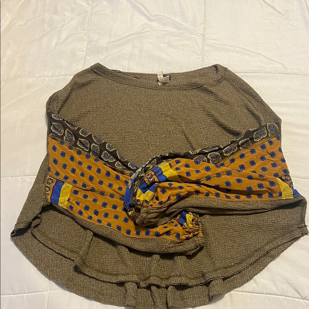 Free People Waffle Knit/Balloon Sleeve Top